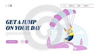 Active Senior Man Skydiver Jumping with Parachute Website Landing Page. Pensioner Sports Activity Hobby