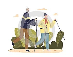 Active senior man and woman nordic walking with sticks in park. Older couple of walkers tracking