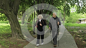 Active senior old couple. Man training Nordic walking, woman running in park