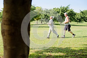 Active senior people jogging in city park