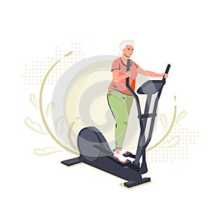 Active senior woman on elliptical cross trainer at home. Lifestyle sport activities in old age. Sportive grandmother on