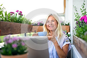 Active senior woman with laptop and coffee working on balcony, home office.