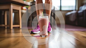 Active senior woman using resistance band for leg workout in kitchen while holding smoothie bottle.