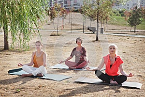 Active senior women in yoga pose, zen meditation exercises, training in park. Happy Mature female outdoors