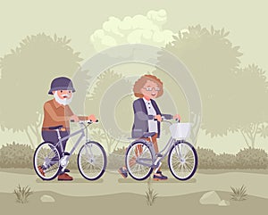 Active seniors, happy healthy elderly people enjoy sport, riding bicycle