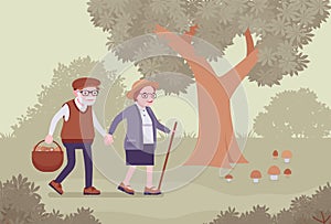 Active seniors, happy healthy elderly people walking mushroom picking