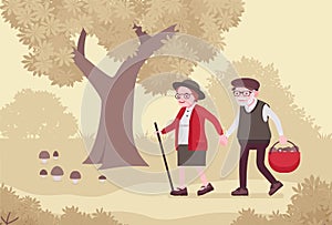 Active seniors, happy healthy elderly people walking mushroom picking