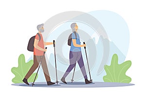 Active Seniors Healthy Lifestyle. Elderly People Nordic Walking, Open Air Workout with Sticks. Aged Couple Outdoor Sport