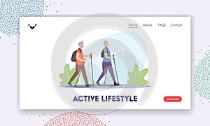 Active Seniors Healthy Lifestyle Landing Page Template. Elderly People Nordic Walk with Sticks. Aged Couple Hiking