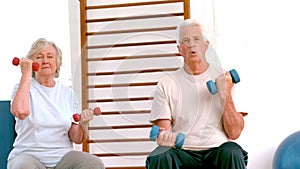 Active seniors lifting hand weights