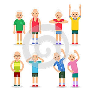 Active seniors. Old men and women in different gym poses. Happy