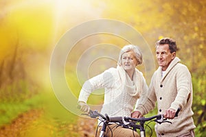 Active seniors riding bike