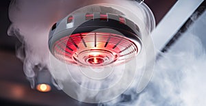 Active Smoke Detector on Ceiling with Red Warning Light in Hazy Room Indicating Potential Fire Hazard and Safety Measures in Place