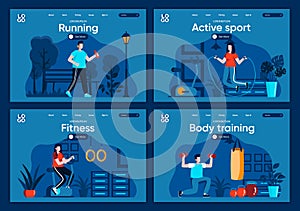 Active sport flat landing pages set. Strength and cardio training in gym, jogging and lifting dumbbells scenes for