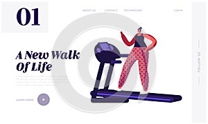 Active Sport Life Website Landing Page. Woman Running on Treadmill. Athletic Girl in Sportswear and Sneakers
