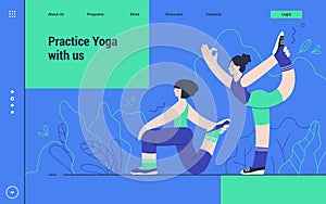 Active sport. Website landing page. Women practicing yoga. Fit health life exercises. Girls in asana. Meditating people