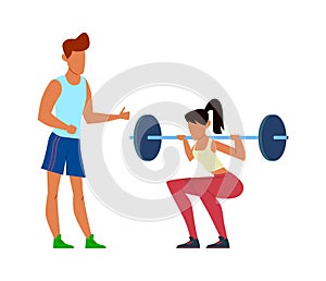 Active sport woman with trainer, girl in sportswear powerlifter squatting using heavy barbell with fitness coach photo