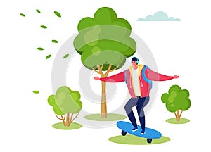 Active sports people vector illustration, cartoon flat happy man character skateboarding in summer outdoor city park