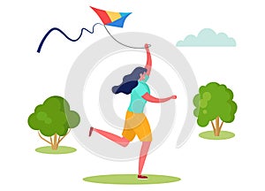 Active sports people vector illustration, cartoon flat woman character running with flying kite in outdoor city park