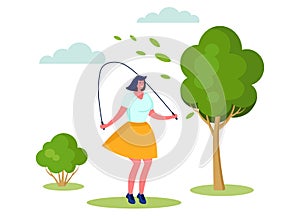 Active sports people vector illustration, cartoon flat woman character smiling, jumping with skipping rope isolated on