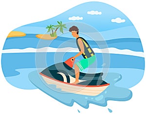 Active sports at sea resort. Man on jet ski. Guy riding water scooter. Male character on motorcycle