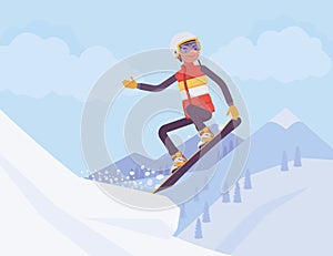 Active sporty man riding on a snowboard, jumping