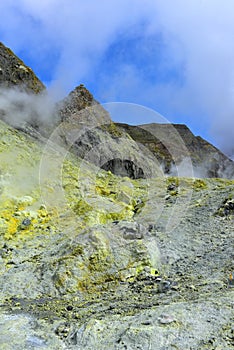 Active steam vents on White Island, New Zealand`s most active cone volcano