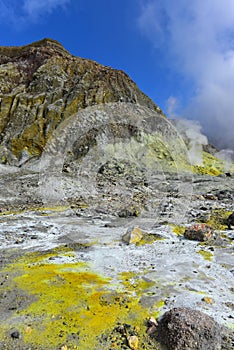 Active steam vents on White Island, New Zealand`s most active cone volcano