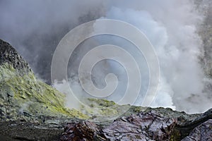 Active steam vents on White Island, New Zealand`s most active cone volcano