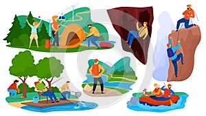 Active summer tourism vector illustration, cartoon flat tourist characters hiking, people camping in nature forest