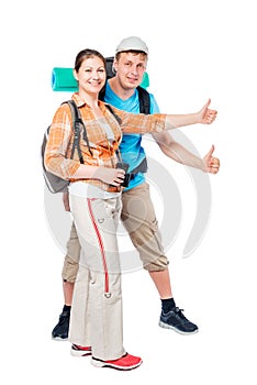 active tourists happy hitchhikers on a white background