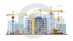 Active Urban Construction Site with Multiple Cranes, vector design Generative AI
