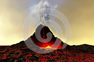 Un vulcano erutta rosso caldo di lava e fumo.