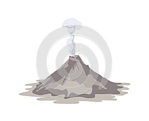 Active volcano erupting and emitting smoke cloud from crater isolated on white background. Spectacular volcanic eruption