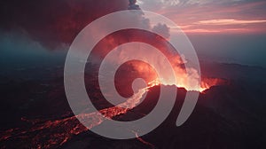 Active volcano erupting with lava and smoke