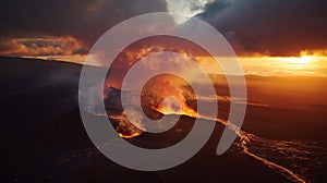 Active volcano erupting with lava and smoke