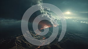 Active volcano erupting with lava and smoke