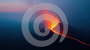 active volcano eruption with flowing lava and ash cloud at twilight