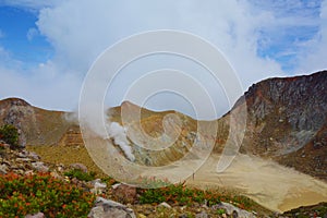 Active volcano Mount Egon with a caldera and sulfuric gasses coming from within the volcano on East Nusa Tenggara, Flores,