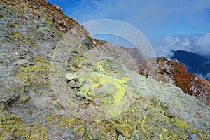 Active volcano Mount Egon with a caldera and sulfuric gasses coming from within the volcano on East Nusa Tenggara, Flores,