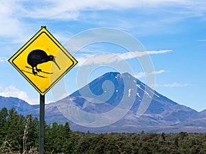 Active volcano Mount Ngauruhoe fun Kiwi road sign