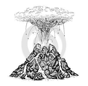 Active volcano spewing lava. Volcanic eruption and magma. Hand drawn sketch illustration in vintage engraving style