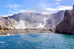 Active Volcano at White Island New Zealand. Volcanic Sulfur Crater Lake.