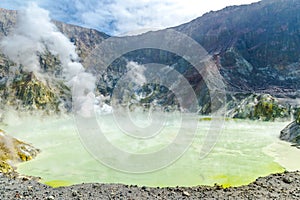 Active Volcano at White Island New Zealand. Volcanic Sulfur Crater Lake.