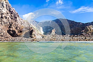 Active Volcano at White Island New Zealand. Volcanic Sulfur Crater Lake.