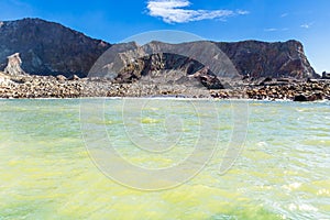 Active Volcano at White Island New Zealand. Volcanic Sulfur Crater Lake.