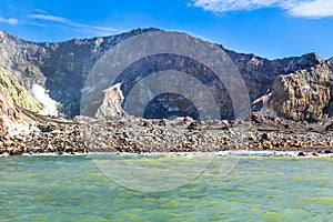 Active Volcano at White Island New Zealand. Volcanic Sulfur Crater Lake.