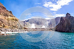 Active Volcano at White Island New Zealand. Volcanic Sulfur Crater Lake.