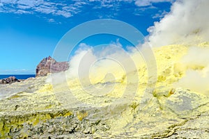 Active Volcano at White Island New Zealand. Volcanic Sulfur Crater Lake.