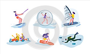 Active water sport set. Character rides on water board engages in extreme windsurfing diving fun.